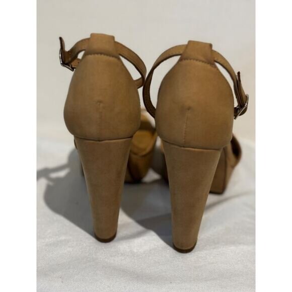 Women’s sz 8.5 Cone Chunky beige heels career open Toe Ankle Strap  cowgirl chic - Picture 4 of 9